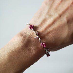 VTG Silver Toned Pink Coloured Rose and Leaves Bracelet